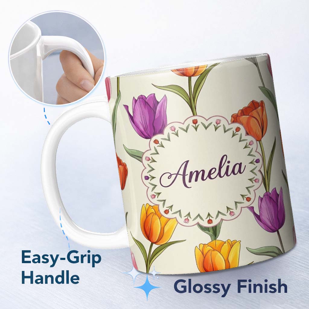 Personalized Custom Name Elegant Tulip Floral Seamless Pattern Soft Neutral Background Name 11oz Ceramic Coffee Tea Mug White Large Handle
