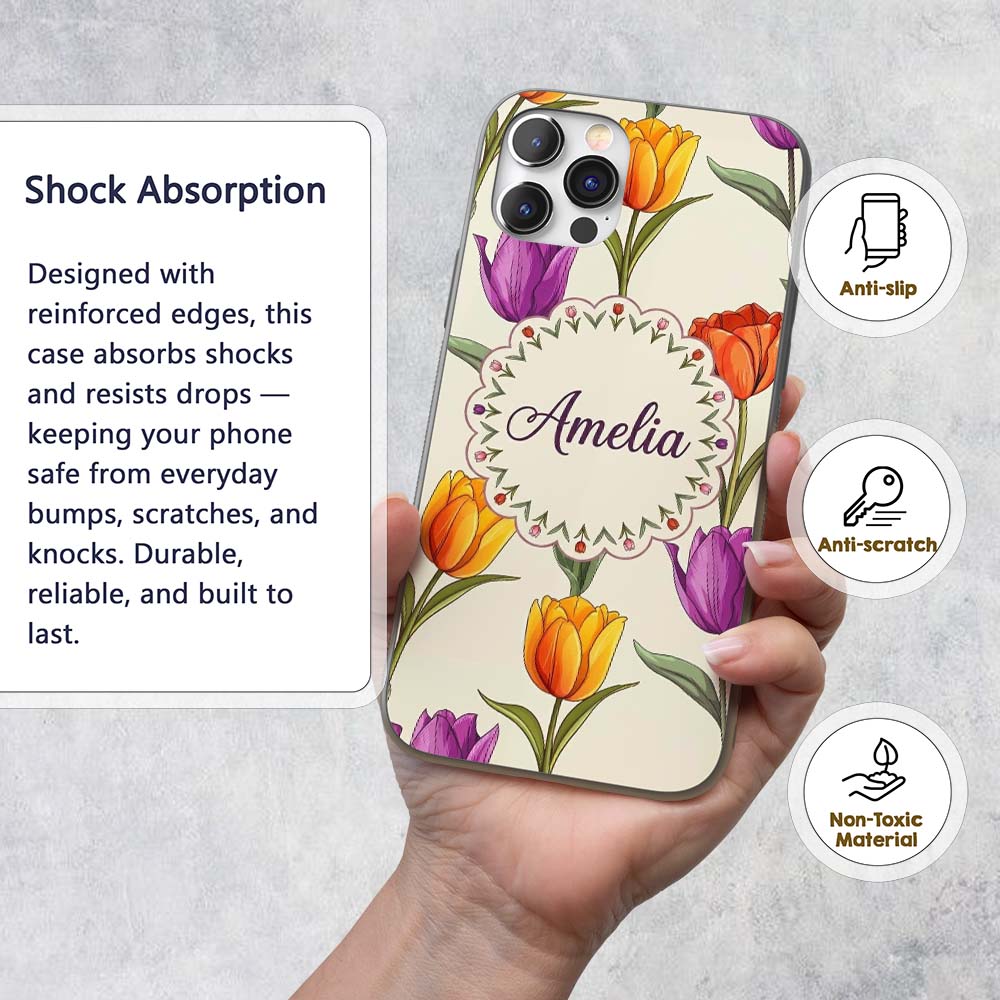 Elegant Tulip Floral Seamless Printed Design Custom Name Protective Phone Case Mobile Cover Durable Everyday Smartphone Shock Resistant