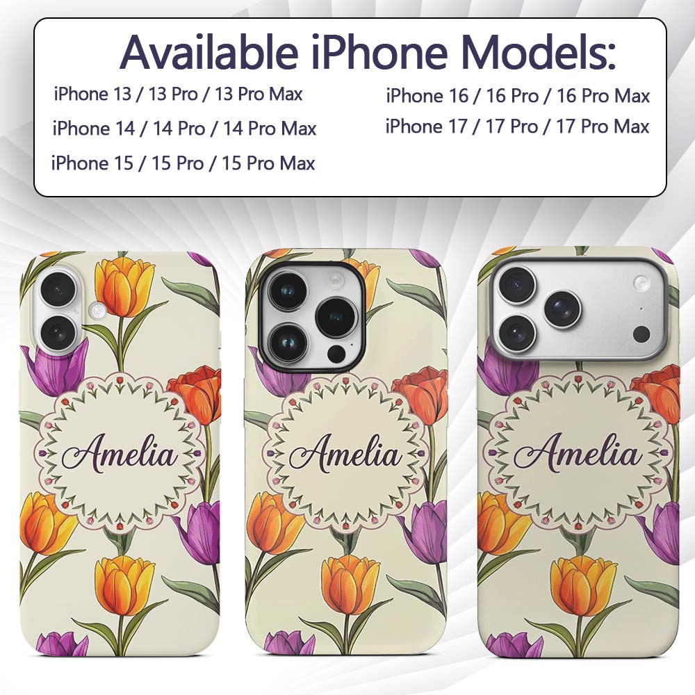 Elegant Tulip Floral Seamless Printed Design Custom Name Protective Phone Case Mobile Cover Durable Everyday Smartphone Shock Resistant