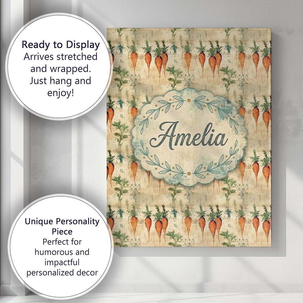 Personalised Name Rustic Watercolor Carrot Vegetable Botanical Custom Modern Room Accent Canvas Wall Art Print Decor Picture Ready to Hang
