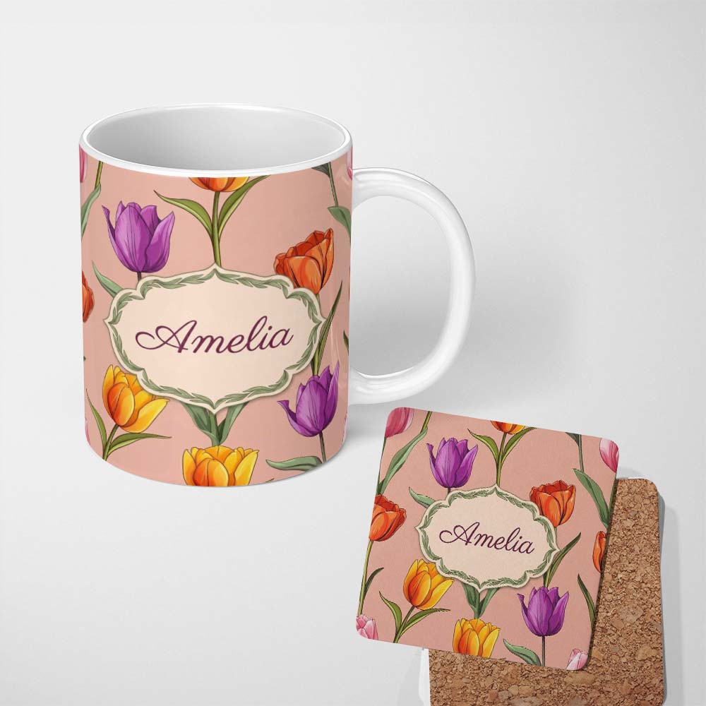 Personalized Custom Name Elegant Tulip Floral Seamless Pattern Warm Peach Background Name 11oz Ceramic Coffee Tea Mug White Large Handle