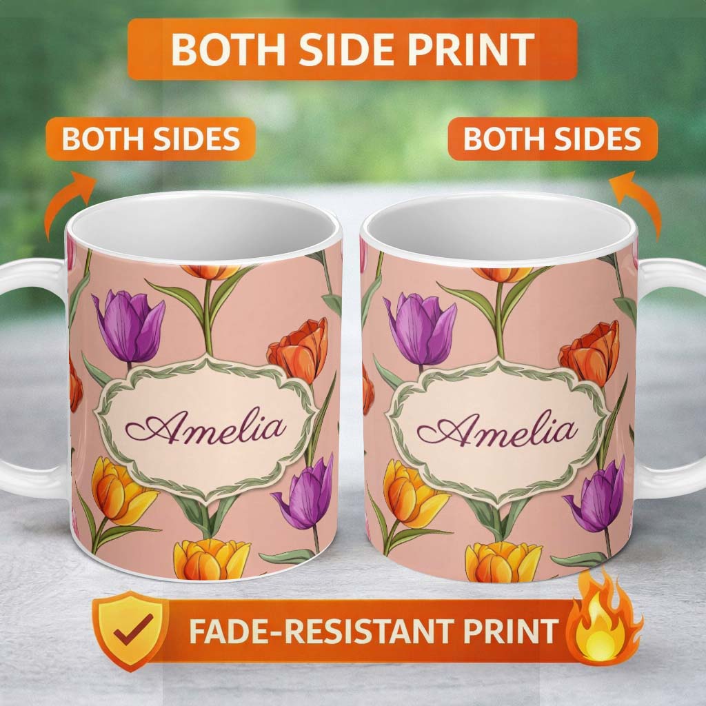 Personalized Custom Name Elegant Tulip Floral Seamless Pattern Warm Peach Background Name 11oz Ceramic Coffee Tea Mug White Large Handle
