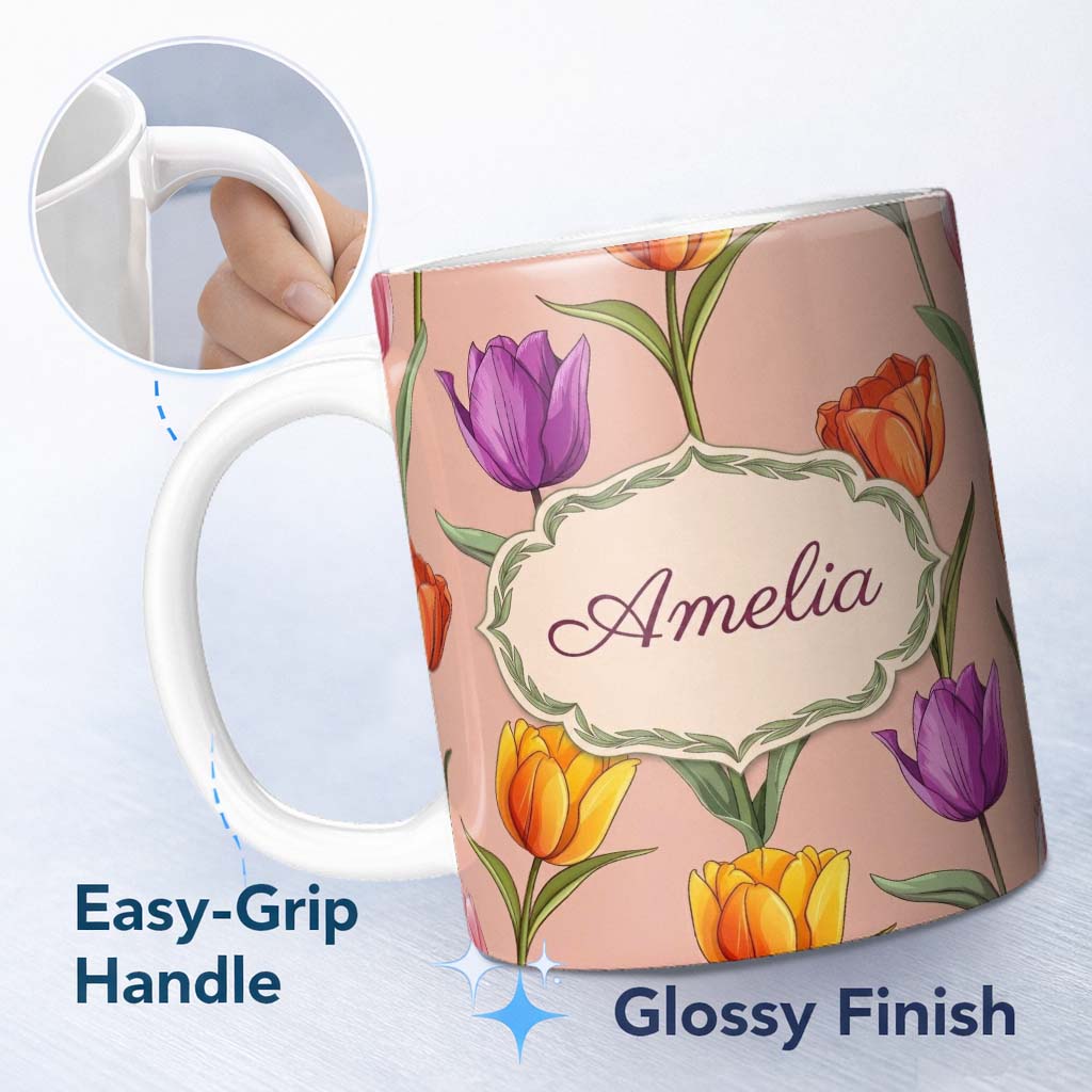 Personalized Custom Name Elegant Tulip Floral Seamless Pattern Warm Peach Background Name 11oz Ceramic Coffee Tea Mug White Large Handle