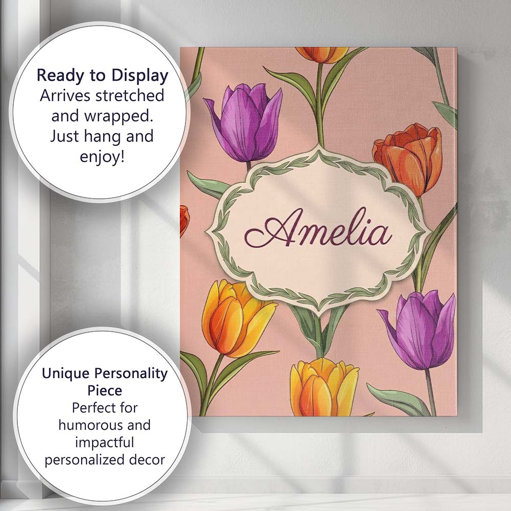 Personalised Name Elegant Tulip Floral Custom Unique Gift Idea Modern Room Accent Canvas Wall Art Print Decor Picture Ready to Hang