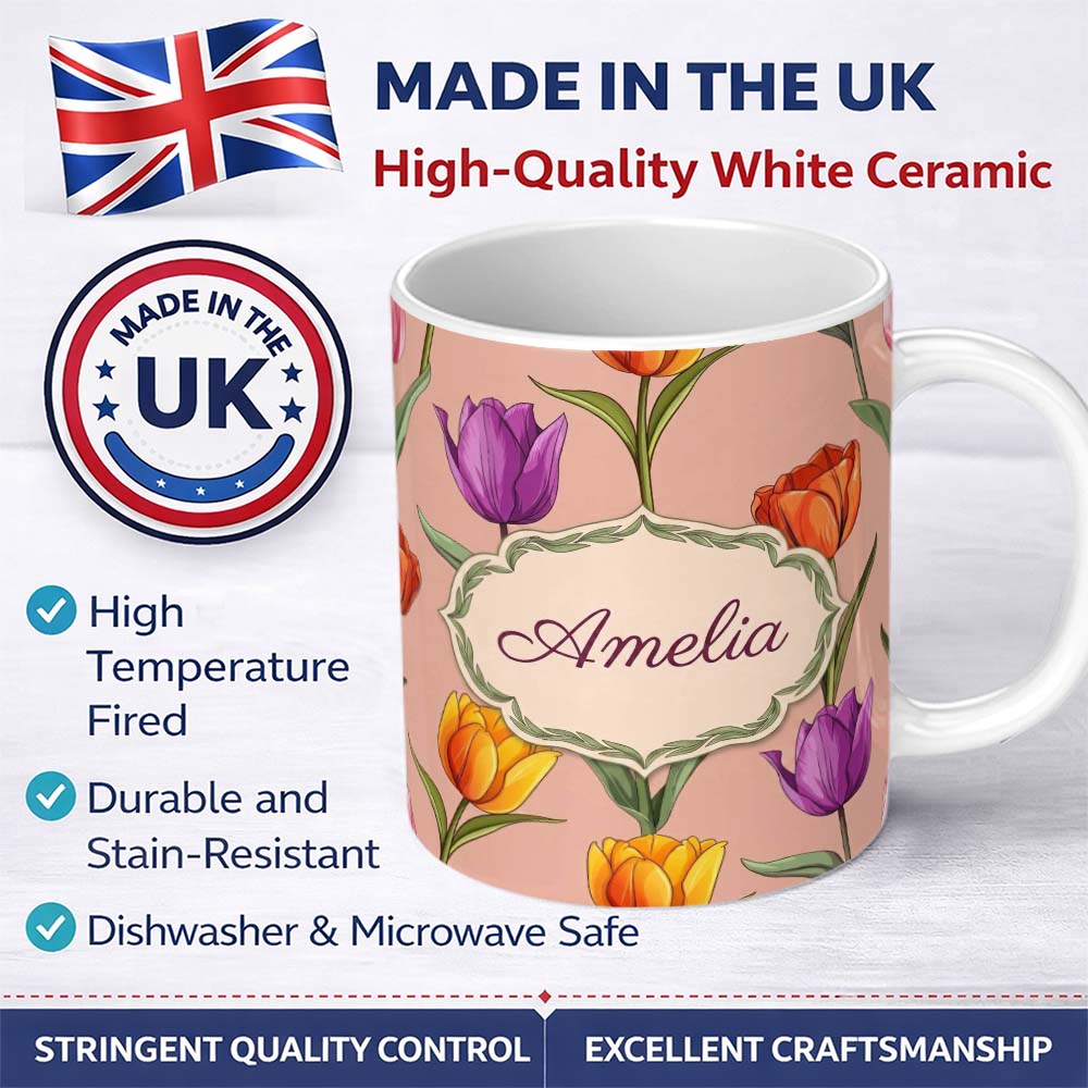 Personalized Custom Name Elegant Tulip Floral Seamless Pattern Warm Peach Background Name 11oz Ceramic Coffee Tea Mug White Large Handle