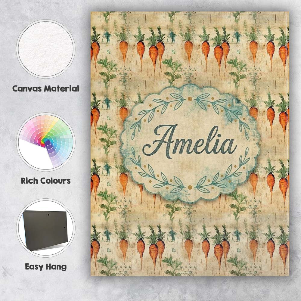 Personalised Name Rustic Watercolor Carrot Vegetable Botanical Custom Modern Room Accent Canvas Wall Art Print Decor Picture Ready to Hang