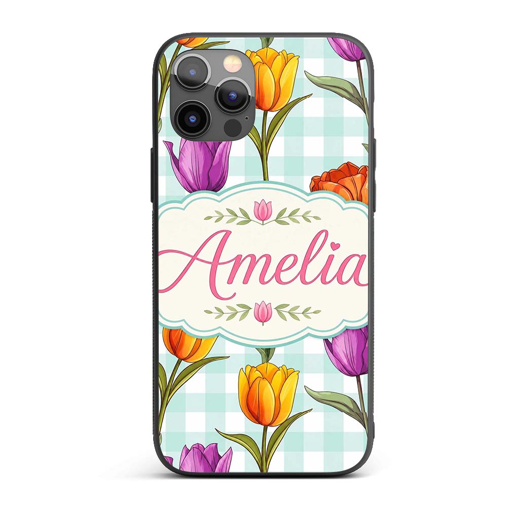 Elegant Tulip Floral Seamless Printed Design Custom Name Protective Phone Case Mobile Cover Durable Everyday Smartphone Shock Resistant