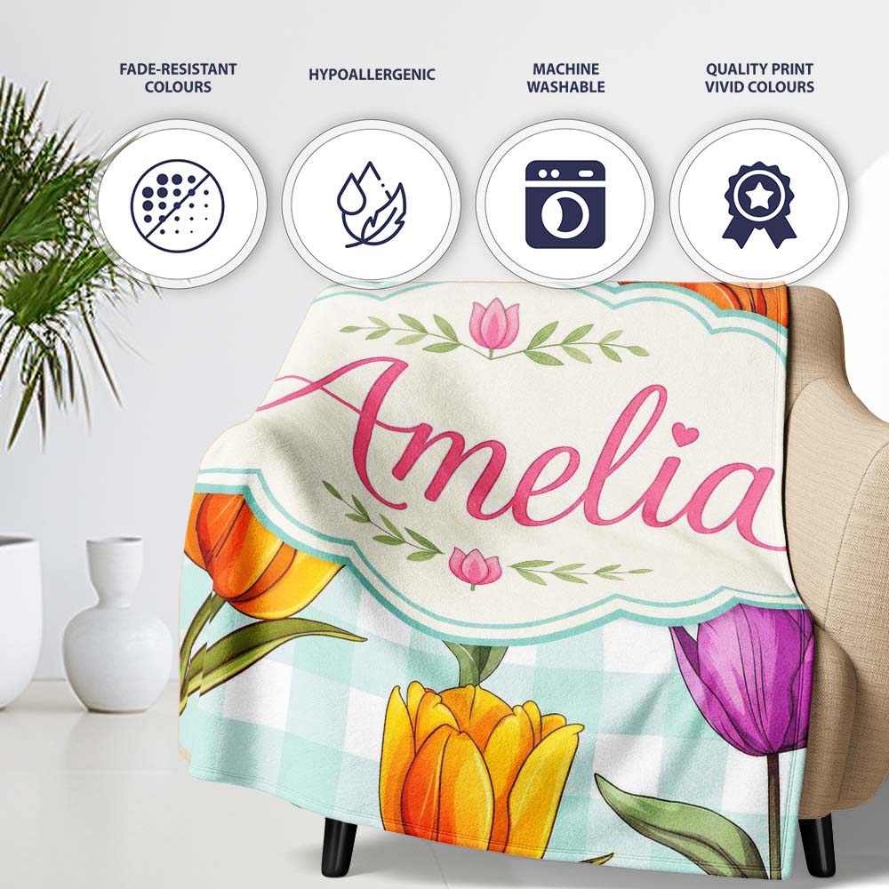 Elegant Tulip Floral Seamless Pattern Mint Gingham Check Background Personalised Custom Name Super Soft Fleece Blanket Bed Sofa Throw