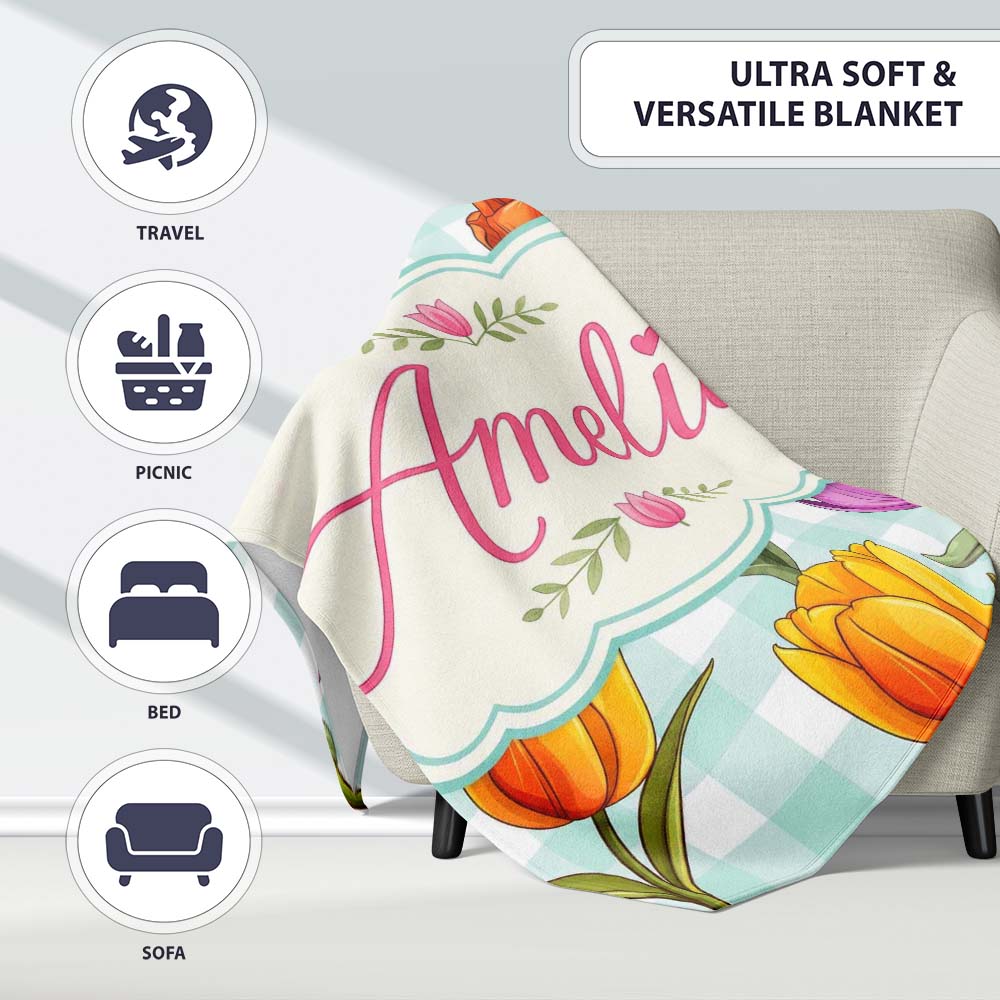 Elegant Tulip Floral Seamless Pattern Mint Gingham Check Background Personalised Custom Name Super Soft Fleece Blanket Bed Sofa Throw