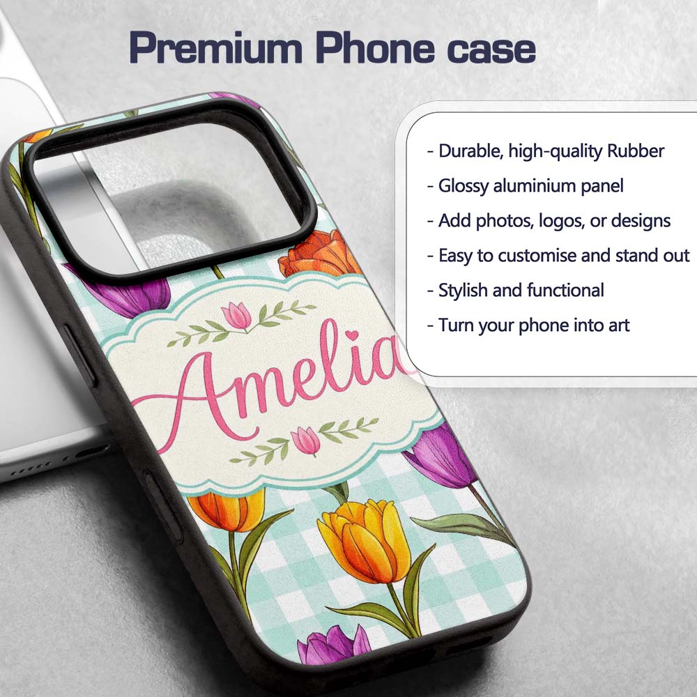 Elegant Tulip Floral Seamless Printed Design Custom Name Protective Phone Case Mobile Cover Durable Everyday Smartphone Shock Resistant