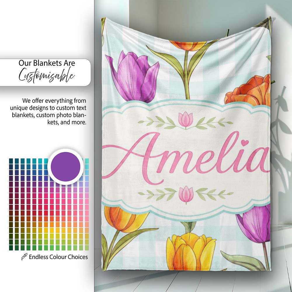 Elegant Tulip Floral Seamless Pattern Mint Gingham Check Background Personalised Custom Name Super Soft Fleece Blanket Bed Sofa Throw