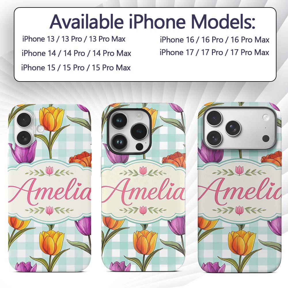 Elegant Tulip Floral Seamless Printed Design Custom Name Protective Phone Case Mobile Cover Durable Everyday Smartphone Shock Resistant