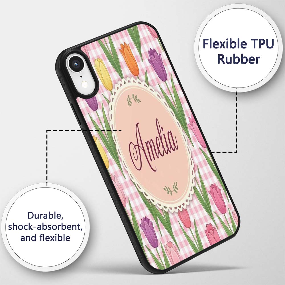 Elegant Tulip Floral Seamless Printed Design Custom Name Protective Phone Case Mobile Cover Durable Everyday Smartphone Shock Resistant