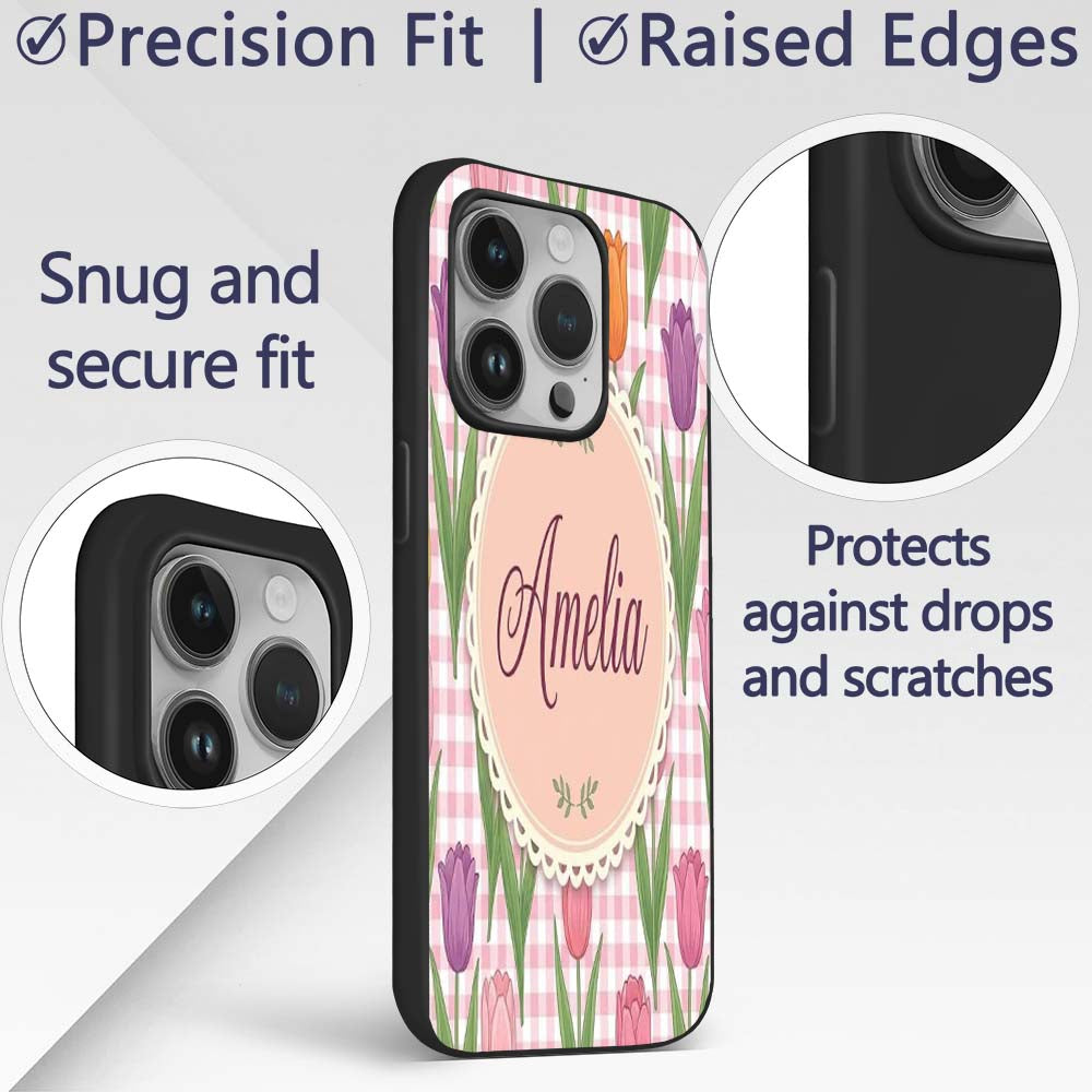 Elegant Tulip Floral Seamless Printed Design Custom Name Protective Phone Case Mobile Cover Durable Everyday Smartphone Shock Resistant