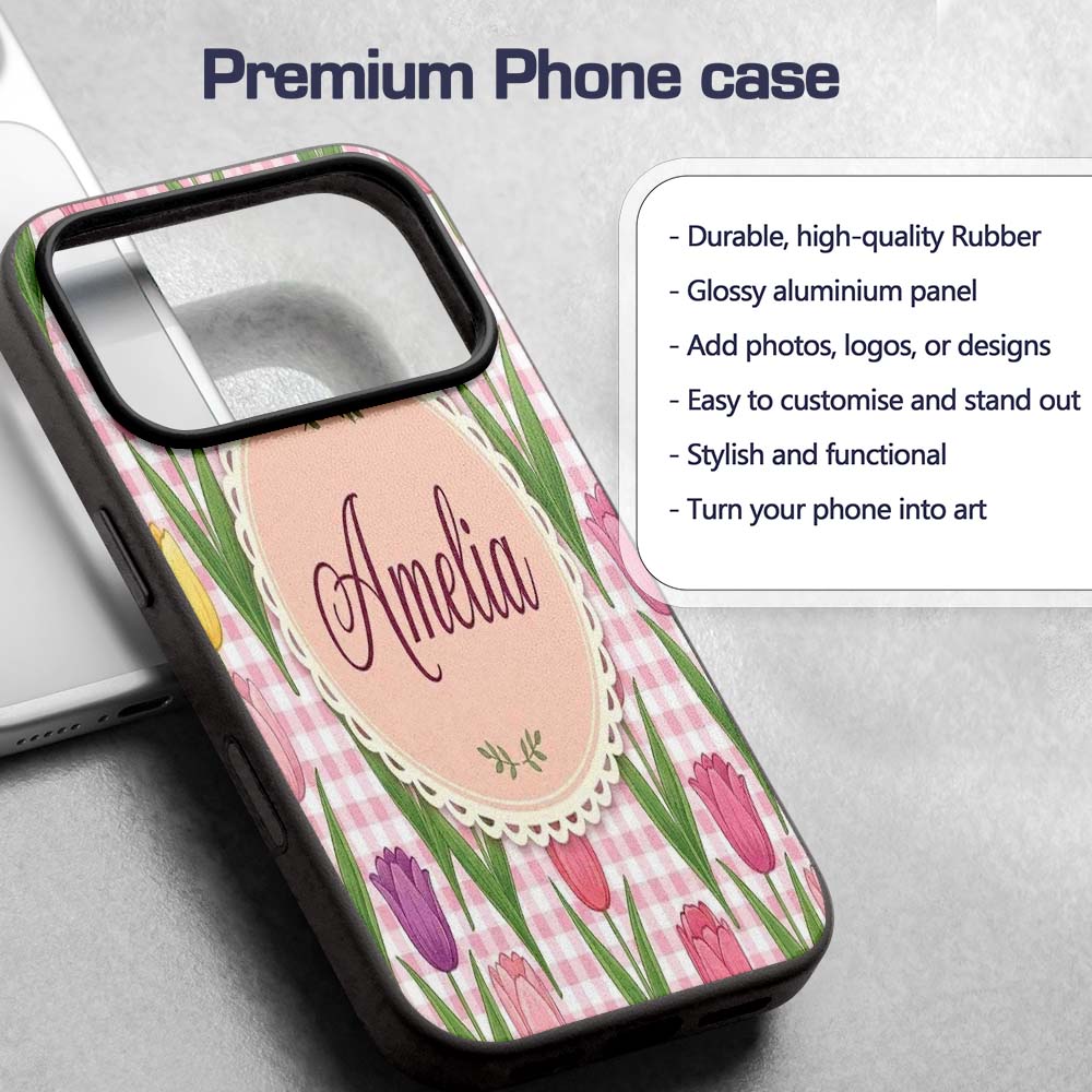 Elegant Tulip Floral Seamless Printed Design Custom Name Protective Phone Case Mobile Cover Durable Everyday Smartphone Shock Resistant