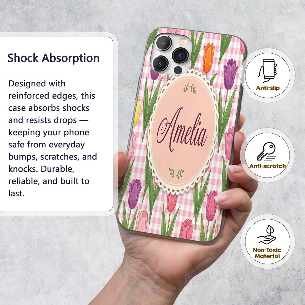 Elegant Tulip Floral Seamless Printed Design Custom Name Protective Phone Case Mobile Cover Durable Everyday Smartphone Shock Resistant