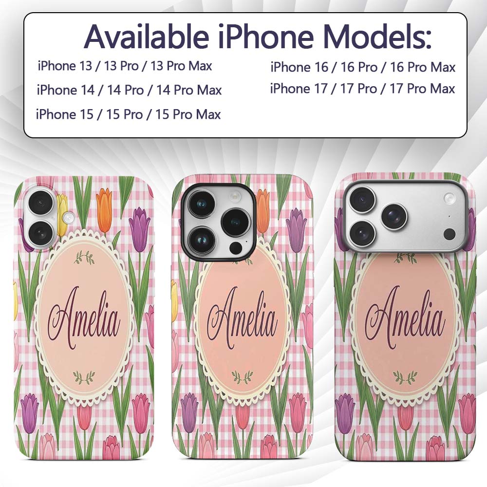 Elegant Tulip Floral Seamless Printed Design Custom Name Protective Phone Case Mobile Cover Durable Everyday Smartphone Shock Resistant
