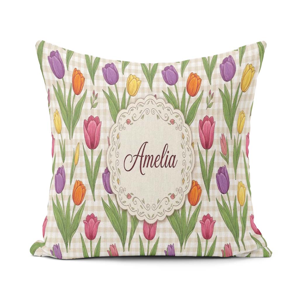 Custom Name Elegant Tulip Floral Seamless Pattern Yellow Gingham Square Filled Cushion Throw Pillow Sofa Bed Home Decor Zip Washable UK Made