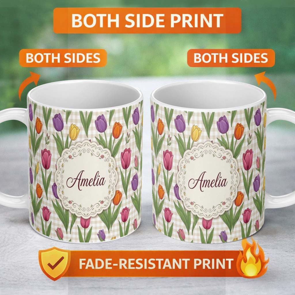 Personalized Custom Name Elegant Tulip Floral Seamless Pattern Yellow Gingham Check 11oz Ceramic Coffee Tea Mug White Large Handle