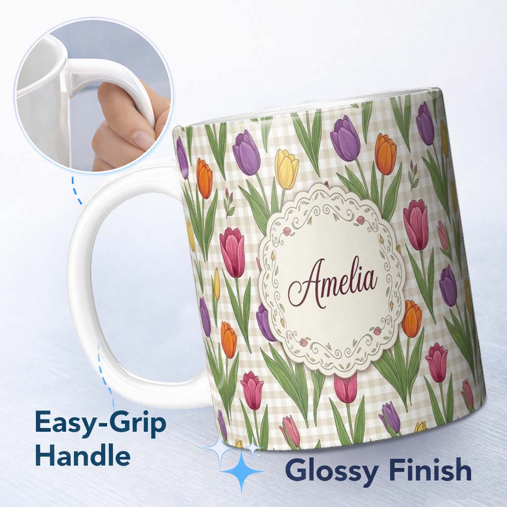 Personalized Custom Name Elegant Tulip Floral Seamless Pattern Yellow Gingham Check 11oz Ceramic Coffee Tea Mug White Large Handle
