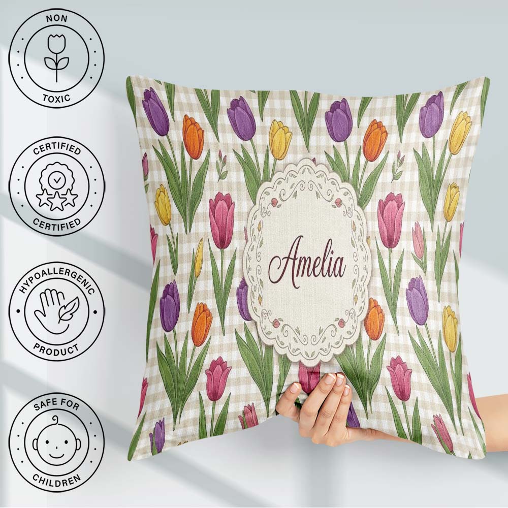 Custom Name Elegant Tulip Floral Seamless Pattern Yellow Gingham Square Filled Cushion Throw Pillow Sofa Bed Home Decor Zip Washable UK Made