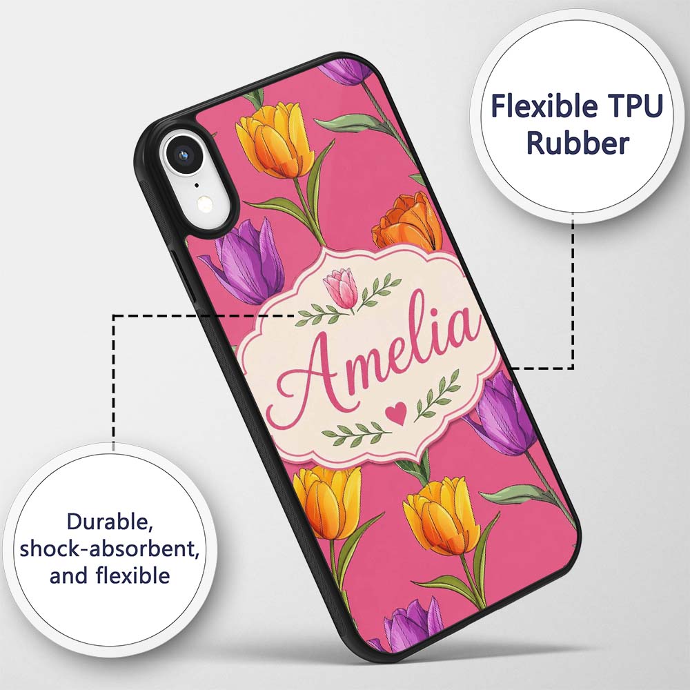 Elegant Tulip Floral Seamless Pattern Bright Pink Custom Name Protective Phone Case Mobile Cover Durable Everyday Smartphone Shock Resistant