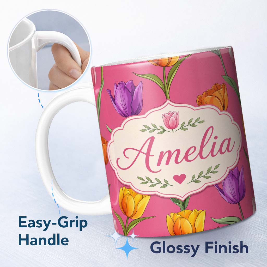 Personalized Custom Name Elegant Tulip Floral Seamless Pattern Bright Pink Background Name 11oz Ceramic Coffee Tea Mug White Large Handle