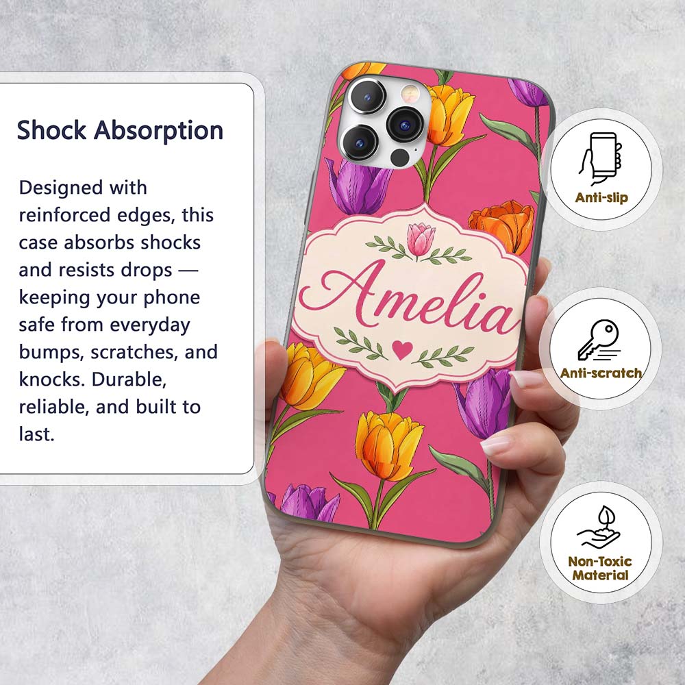Elegant Tulip Floral Seamless Pattern Bright Pink Custom Name Protective Phone Case Mobile Cover Durable Everyday Smartphone Shock Resistant