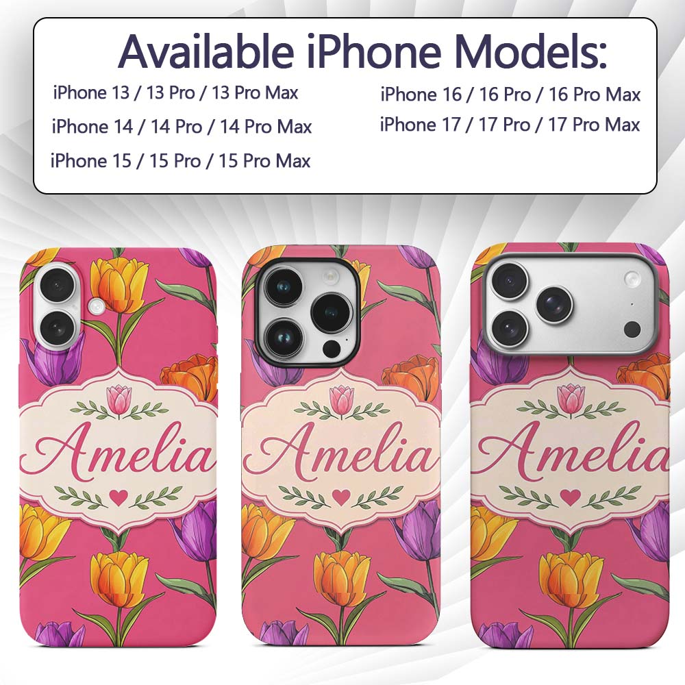 Elegant Tulip Floral Seamless Pattern Bright Pink Custom Name Protective Phone Case Mobile Cover Durable Everyday Smartphone Shock Resistant