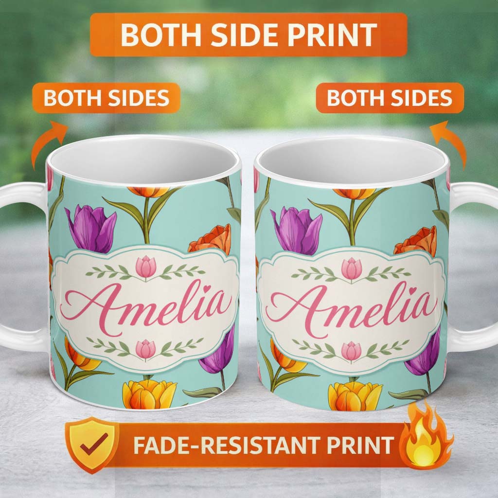 Personalized Custom Name Elegant Tulip Floral Seamless Pattern Teal Background Name Cute 11oz Ceramic Coffee Tea Mug White Large Handle