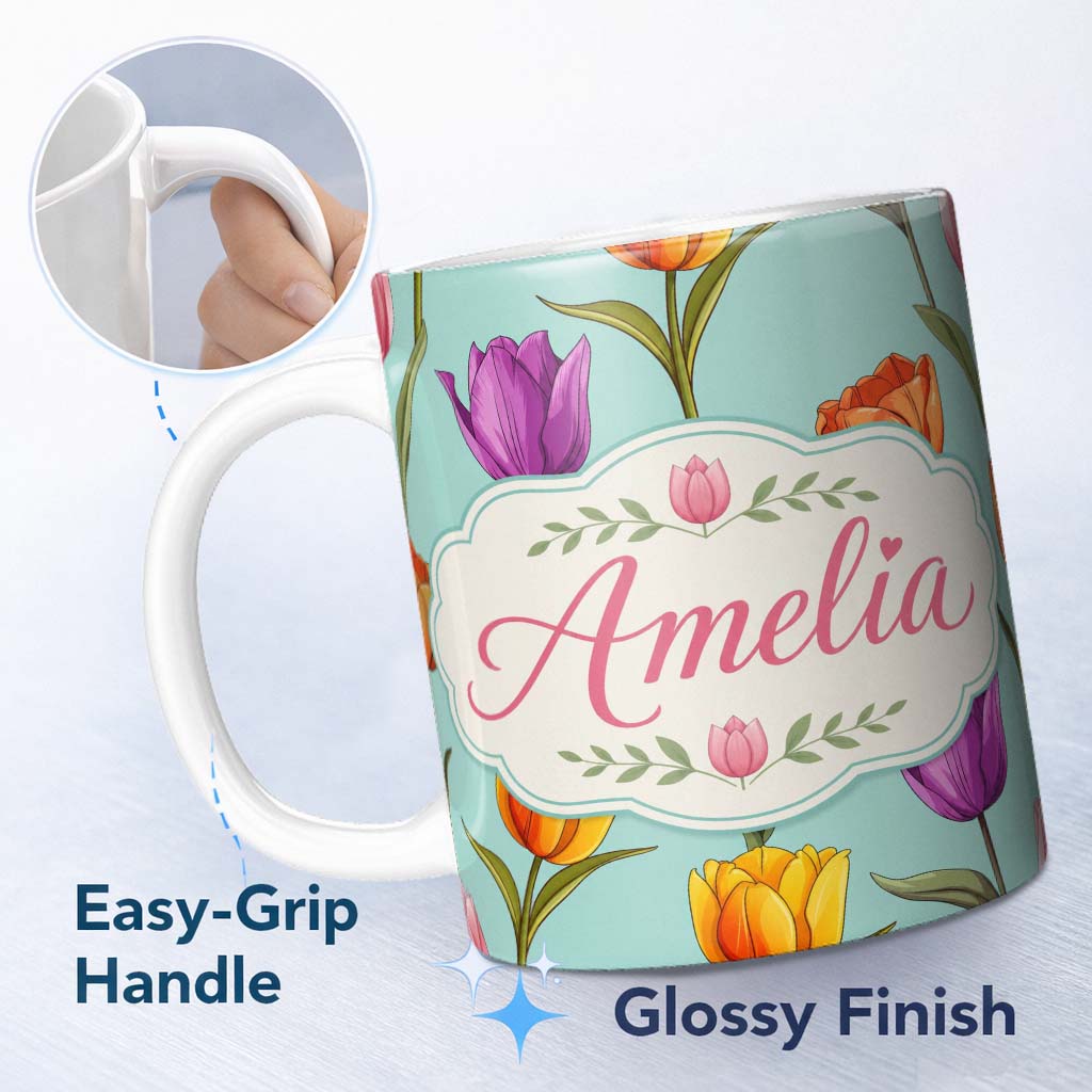 Personalized Custom Name Elegant Tulip Floral Seamless Pattern Teal Background Name Cute 11oz Ceramic Coffee Tea Mug White Large Handle