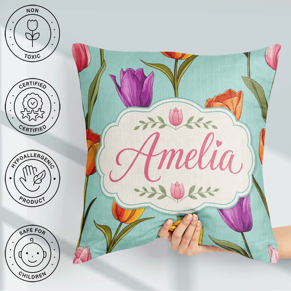 Custom Name Elegant Tulip Floral Seamless Pattern Teal Name Cute Square Filled Cushion Throw Pillow Sofa Bed Home Decor Zip Washable UK Made