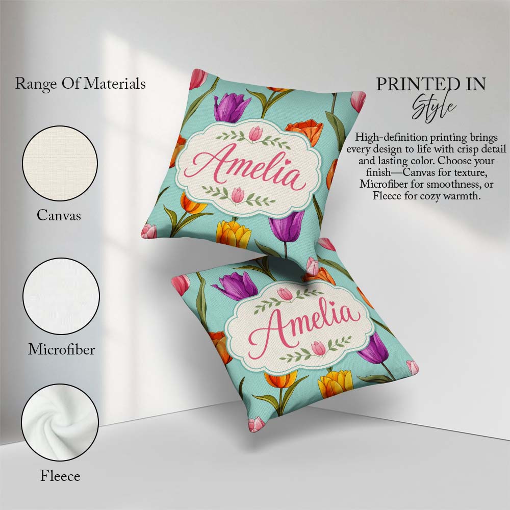 Custom Name Elegant Tulip Floral Seamless Pattern Teal Name Cute Square Filled Cushion Throw Pillow Sofa Bed Home Decor Zip Washable UK Made