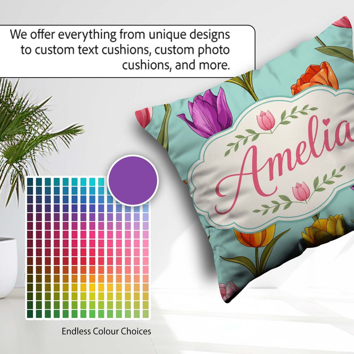 Custom Name Elegant Tulip Floral Seamless Pattern Teal Name Cute Square Filled Cushion Throw Pillow Sofa Bed Home Decor Zip Washable UK Made