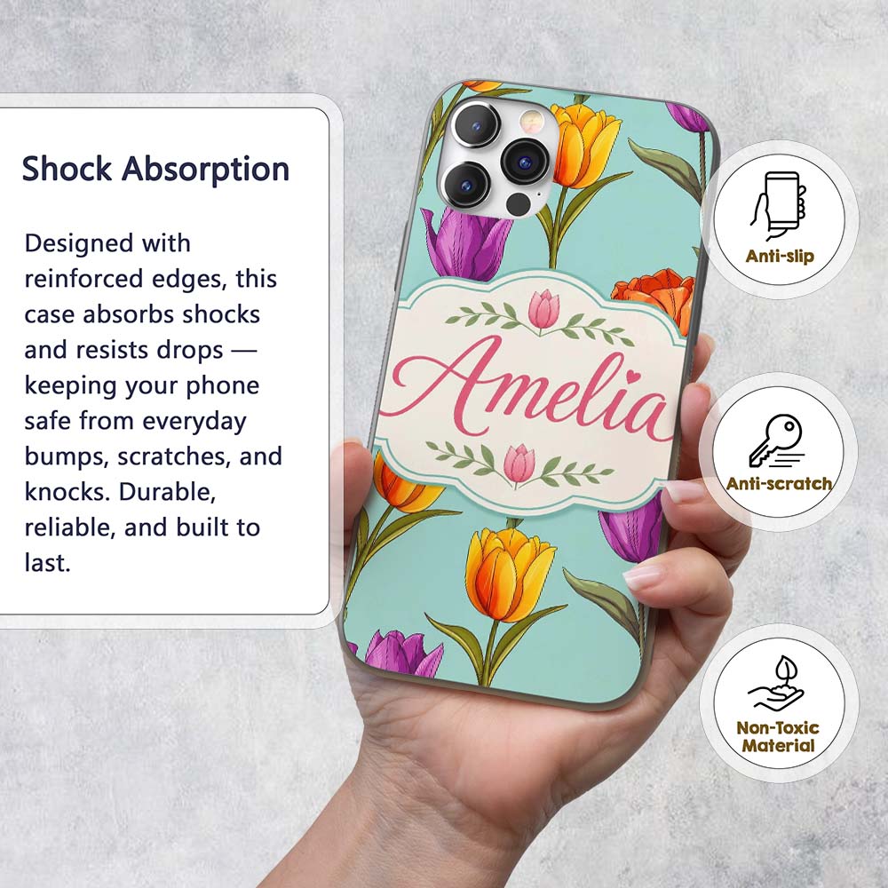 Elegant Tulip Floral Seamless Printed Design Custom Name Protective Phone Case Mobile Cover Durable Everyday Smartphone Shock Resistant