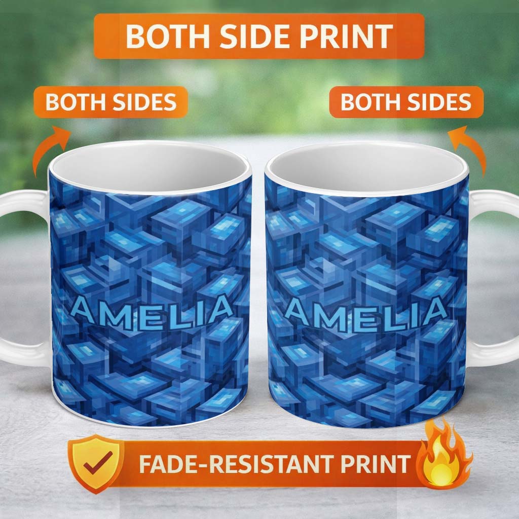 Personalized Custom Name Blue 3D Cube Block Geometric Abstract Seamless Pattern Lovely 11oz Ceramic Coffee Tea Mug White Large Handle