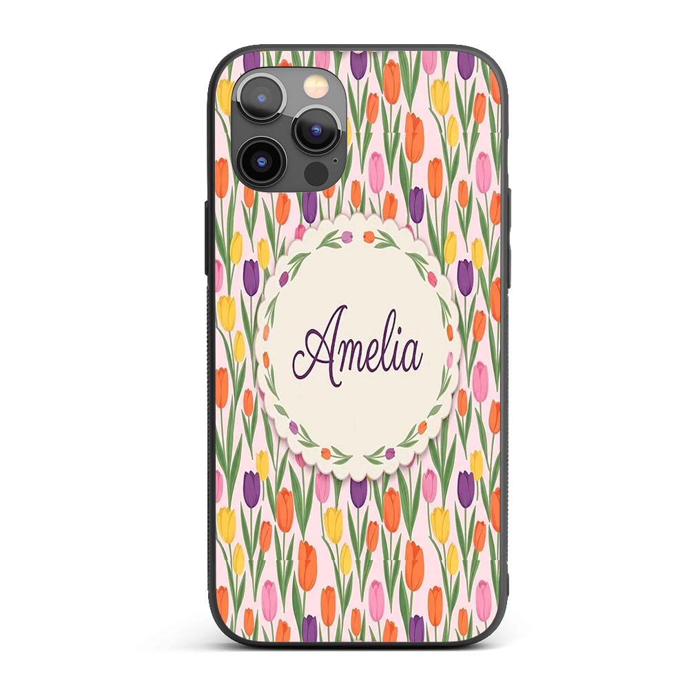 Elegant Tulip Floral Seamless Pattern Soft Pink Custom Name Protective Phone Case Mobile Cover Durable Everyday Smartphone Shock Resistant
