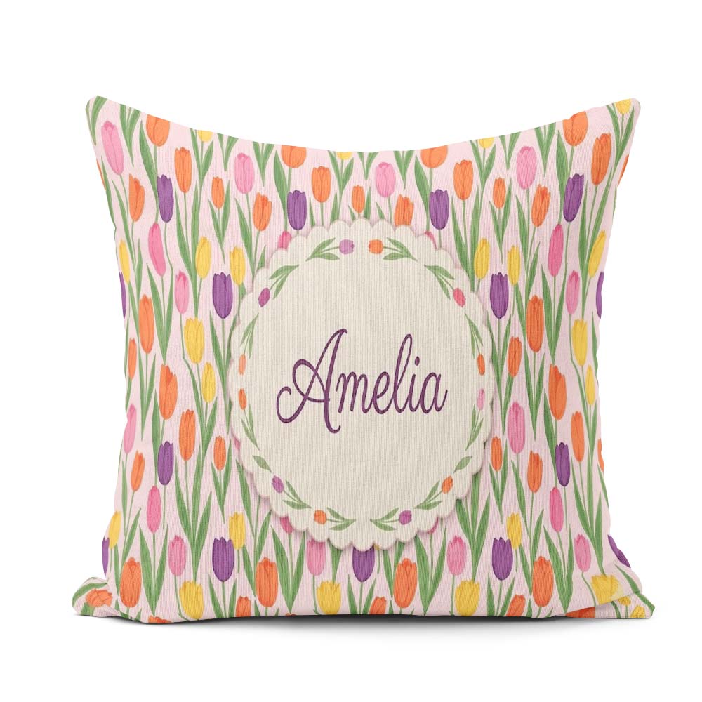 Custom Name Elegant Tulip Floral Seamless Pattern Soft Pink Name Square Filled Cushion Throw Pillow Sofa Bed Home Decor Zip Washable UK Made