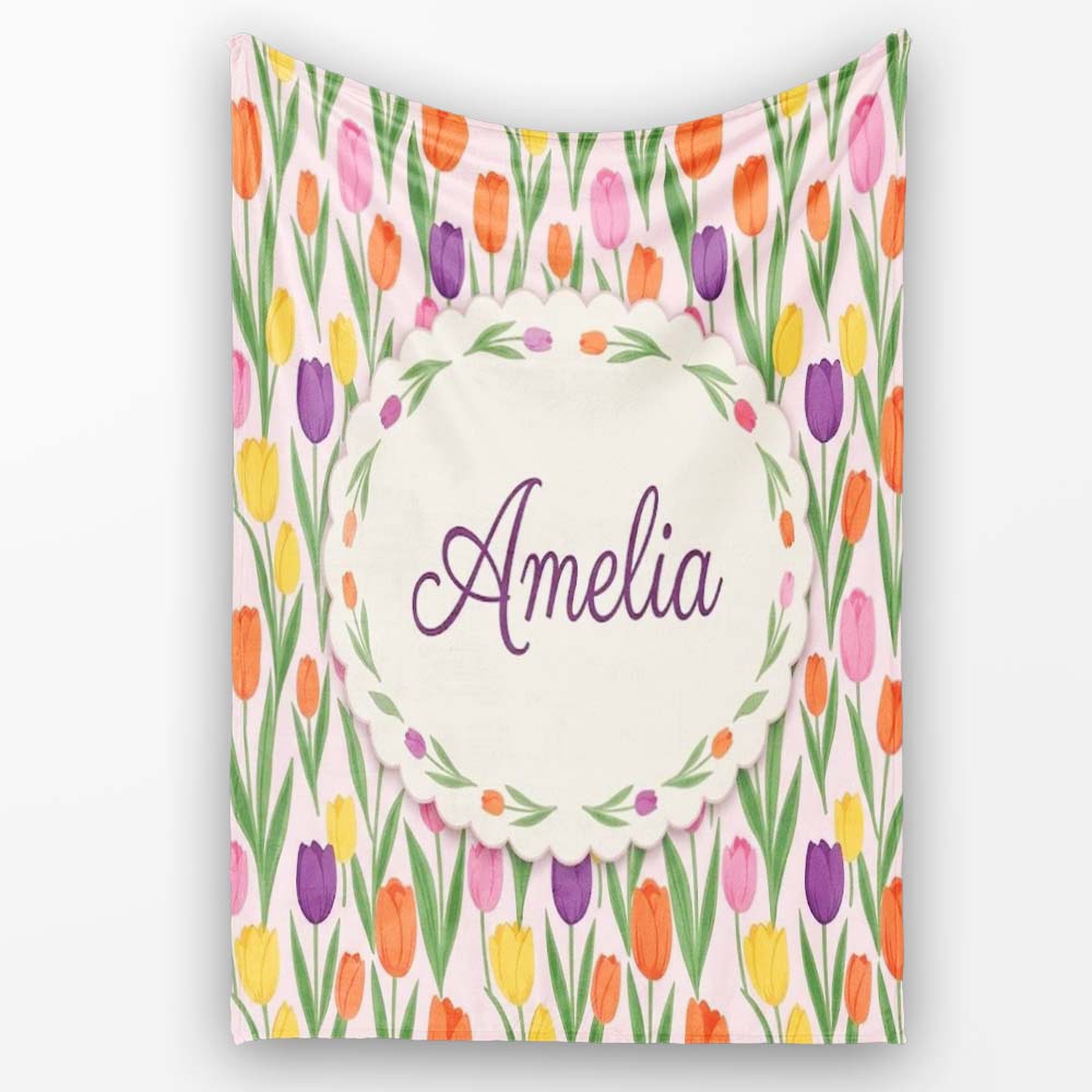 Elegant Tulip Floral Seamless Pattern Soft Pink Background Name Cute Personalised Custom Name Super Soft Fleece Blanket Bed Sofa Throw