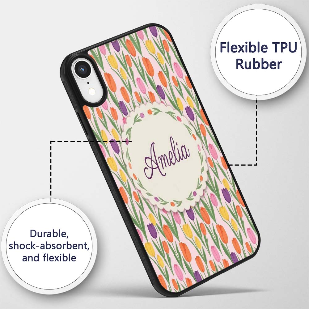 Elegant Tulip Floral Seamless Pattern Soft Pink Custom Name Protective Phone Case Mobile Cover Durable Everyday Smartphone Shock Resistant