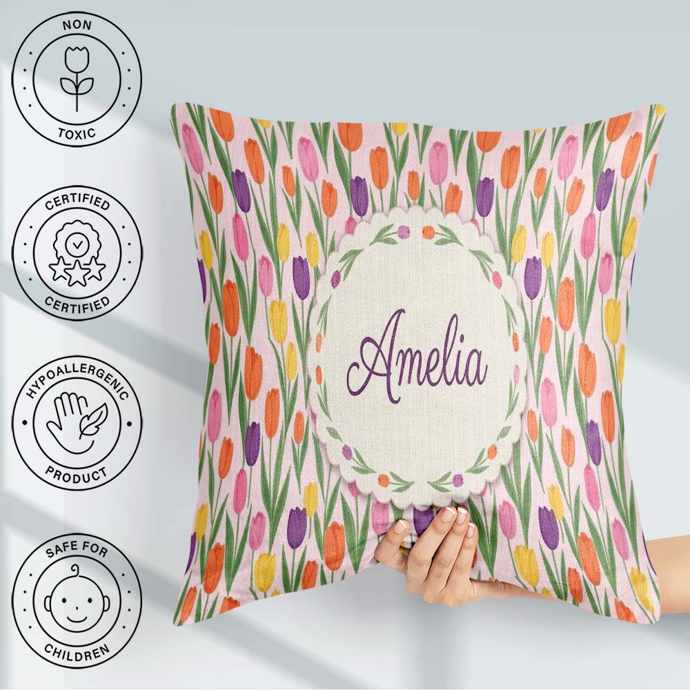 Custom Name Elegant Tulip Floral Seamless Pattern Soft Pink Name Square Filled Cushion Throw Pillow Sofa Bed Home Decor Zip Washable UK Made