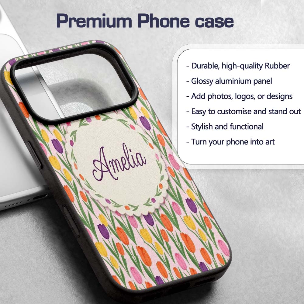 Elegant Tulip Floral Seamless Pattern Soft Pink Custom Name Protective Phone Case Mobile Cover Durable Everyday Smartphone Shock Resistant