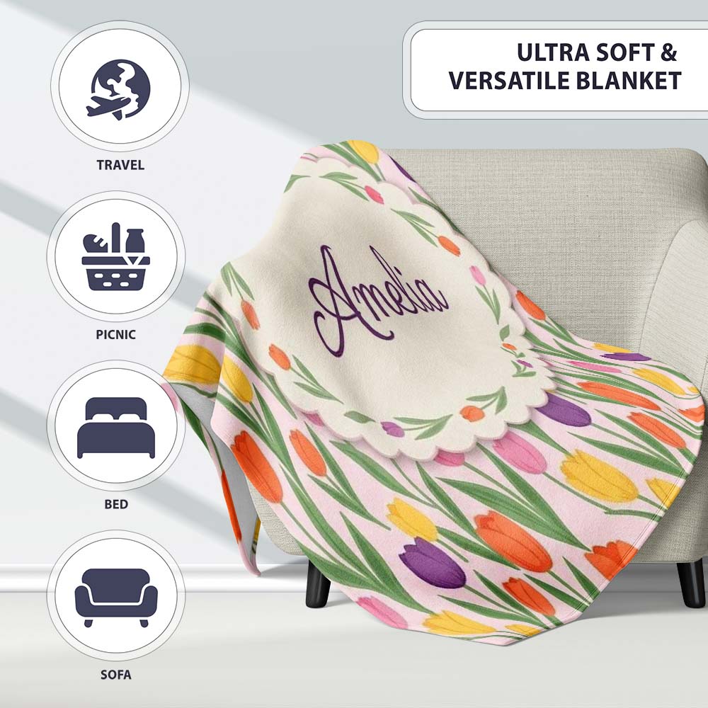 Elegant Tulip Floral Seamless Pattern Soft Pink Background Name Cute Personalised Custom Name Super Soft Fleece Blanket Bed Sofa Throw
