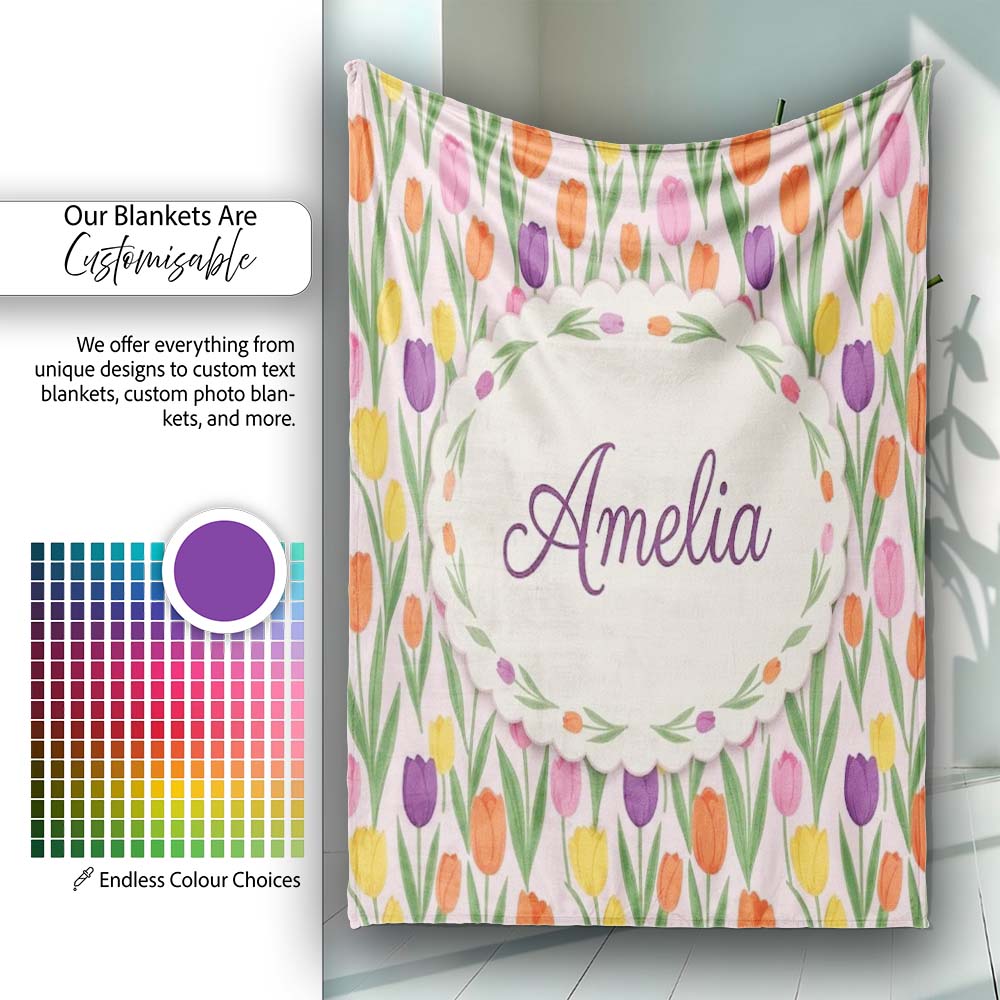 Elegant Tulip Floral Seamless Pattern Soft Pink Background Name Cute Personalised Custom Name Super Soft Fleece Blanket Bed Sofa Throw