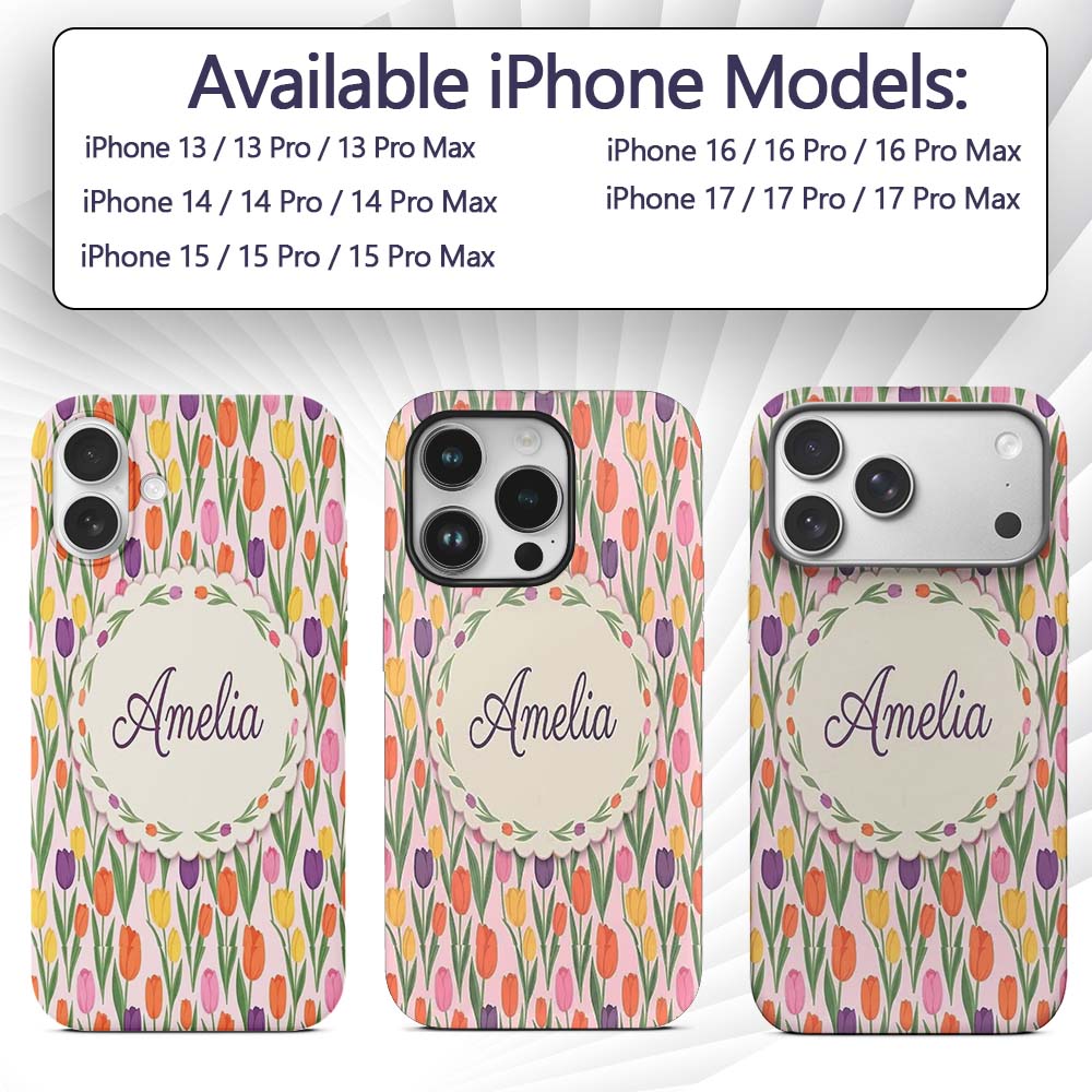 Elegant Tulip Floral Seamless Pattern Soft Pink Custom Name Protective Phone Case Mobile Cover Durable Everyday Smartphone Shock Resistant