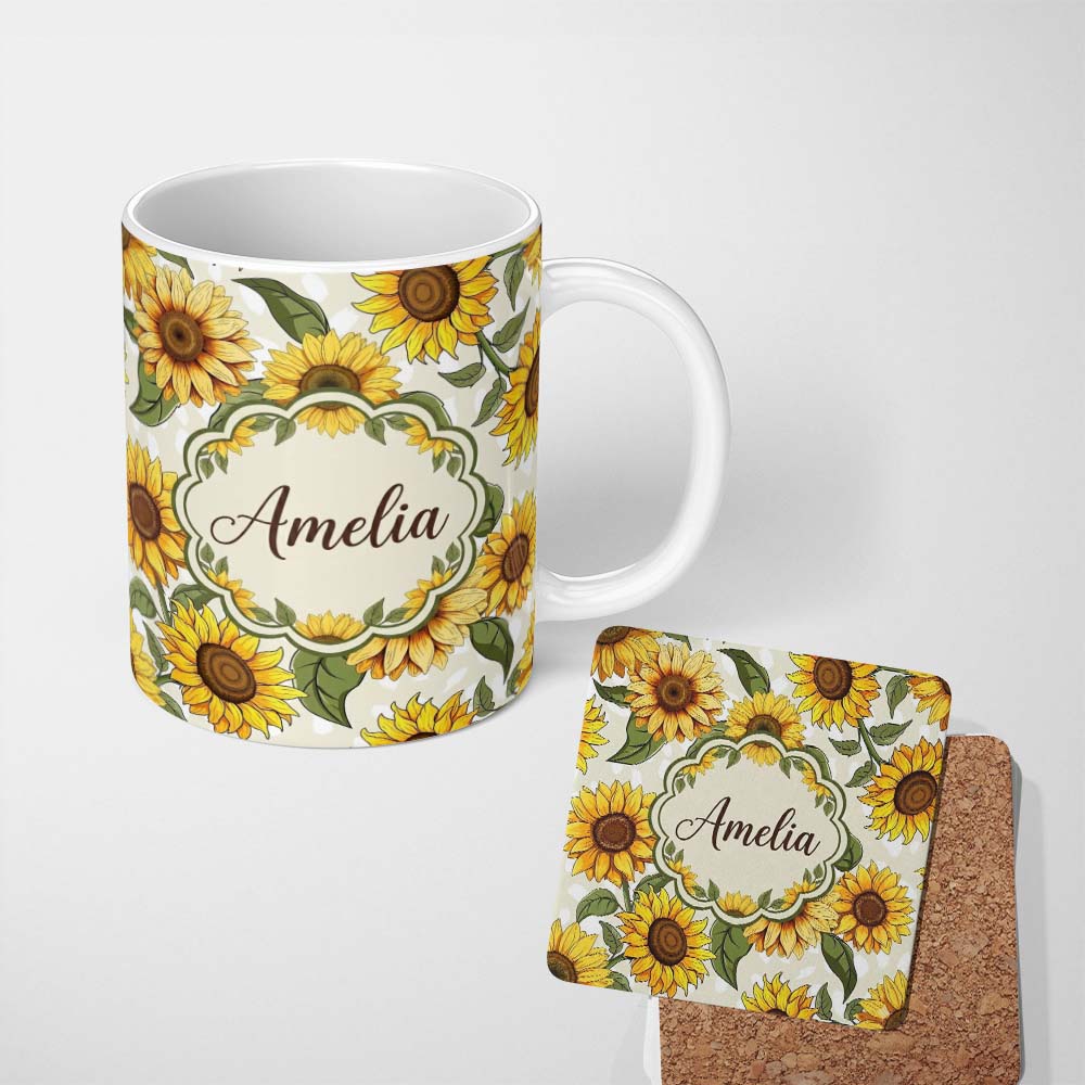 Personalized Custom Name Bright Sunflower Floral Seamless Pattern Neutral Background Name 11oz Ceramic Coffee Tea Mug White Large Handle