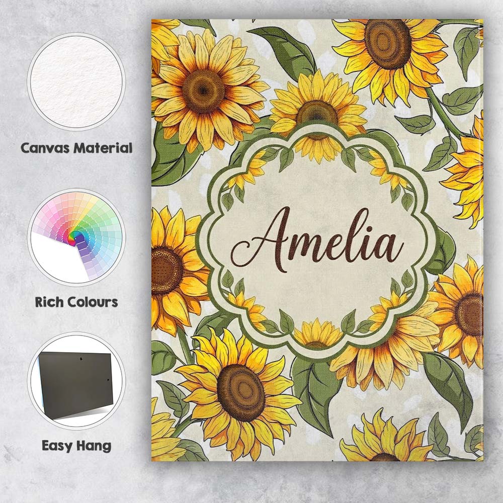 Personalised Name Bright Sunflower Floral Custom Unique Gift Idea Elegant Feature Canvas Wall Art Print Decor Picture Ready to Hang