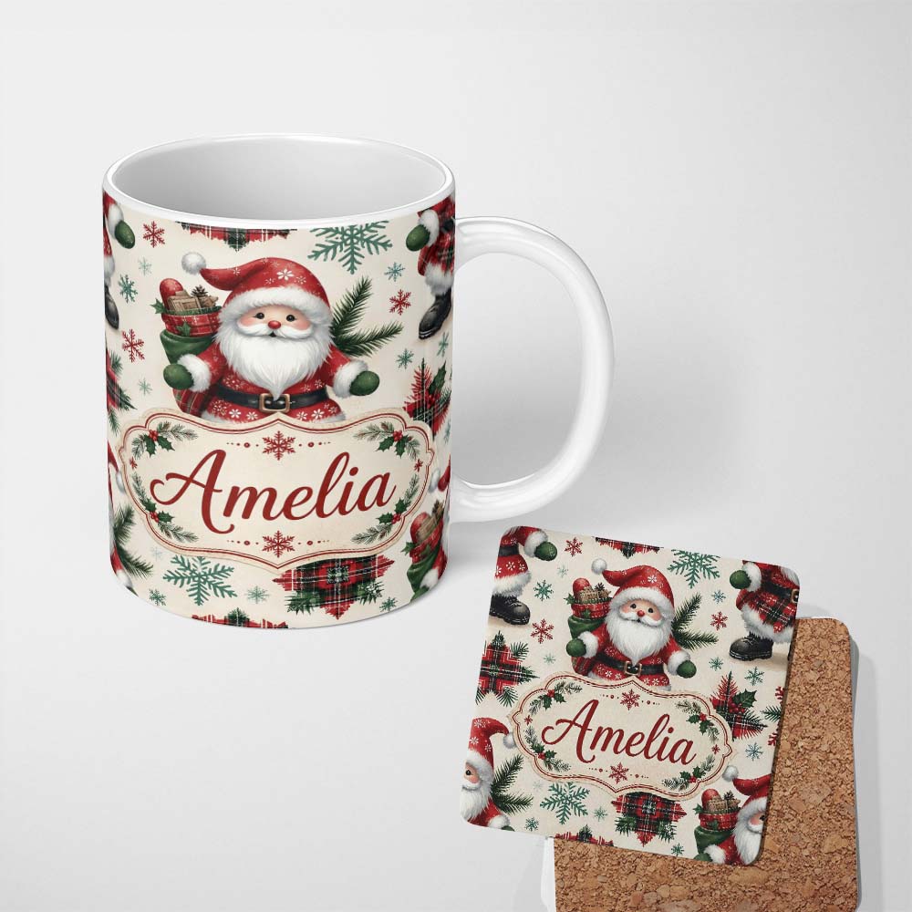 Personalized Custom Name Cute Santa Character Gifts Snowflakes Seamless Pattern Lovely 11oz Ceramic Coffee Tea Mug White Large Handle