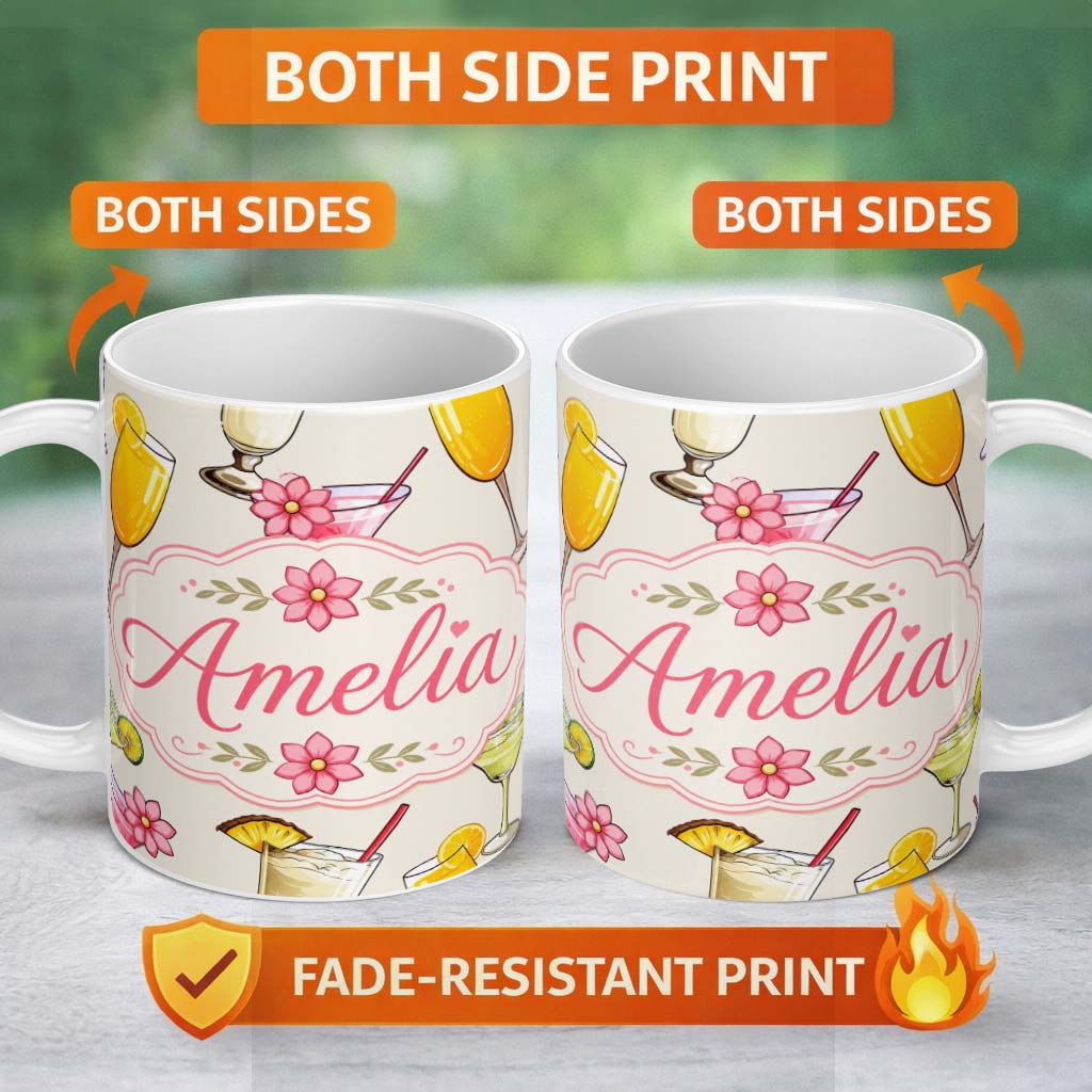Personalized Custom Name Tropical Cocktail Drinks Seamless Pattern Light Background Name Cute 11oz Ceramic Coffee Tea Mug White Large Handle