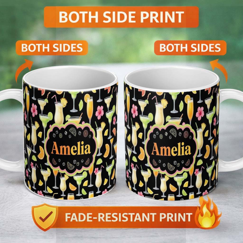 Personalized Custom Name Tropical Cocktail Drinks Seamless Pattern Black Background Name Cute 11oz Ceramic Coffee Tea Mug White Large Handle